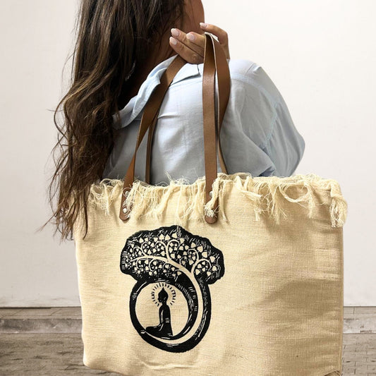 Mala Tote Natural com  Alça de Couro- Árvore de Buda