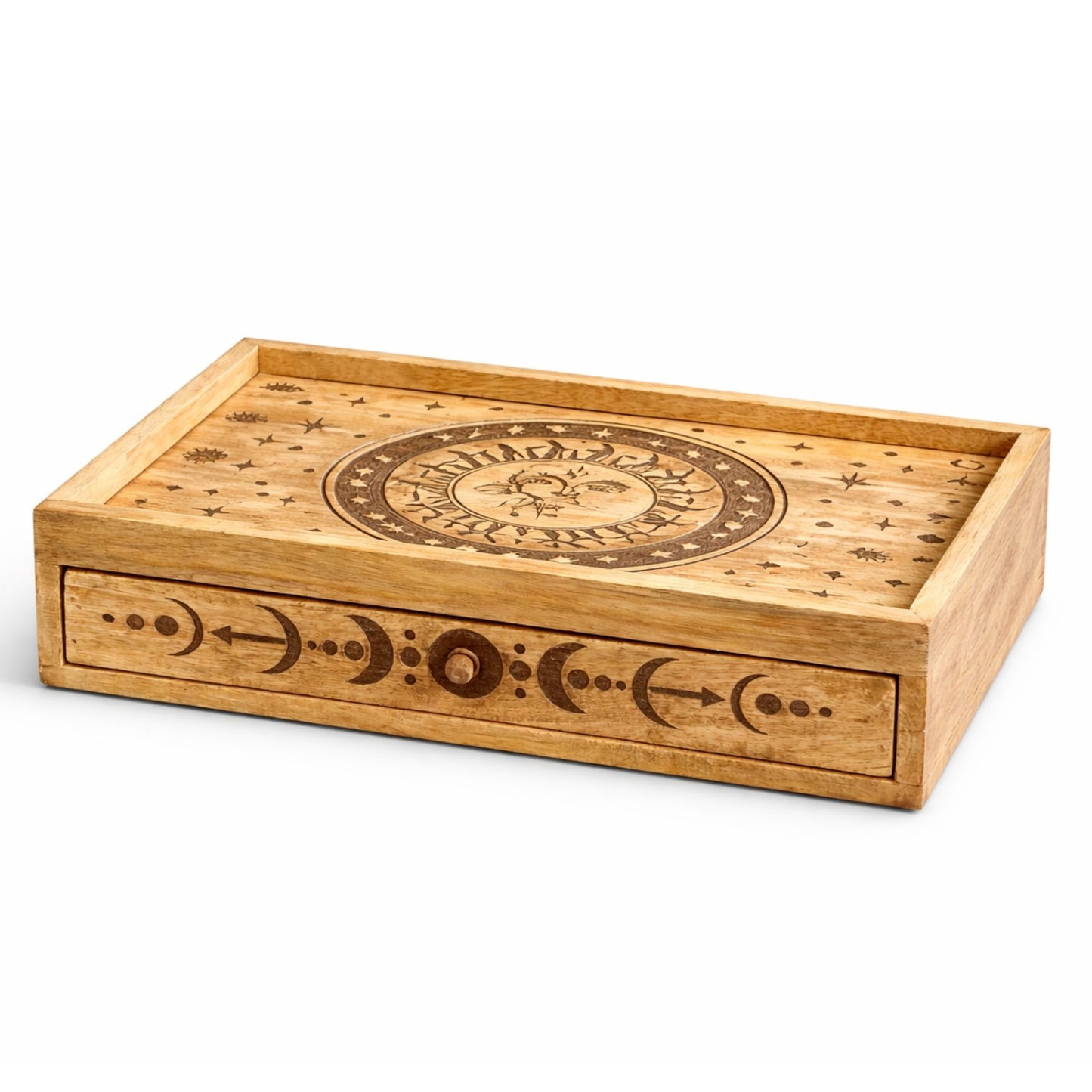 Caixa de Tarot Talhada Sol e Lua com Gaveta