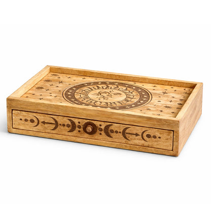 Caixa de Tarot Talhada Sol e Lua com Gaveta