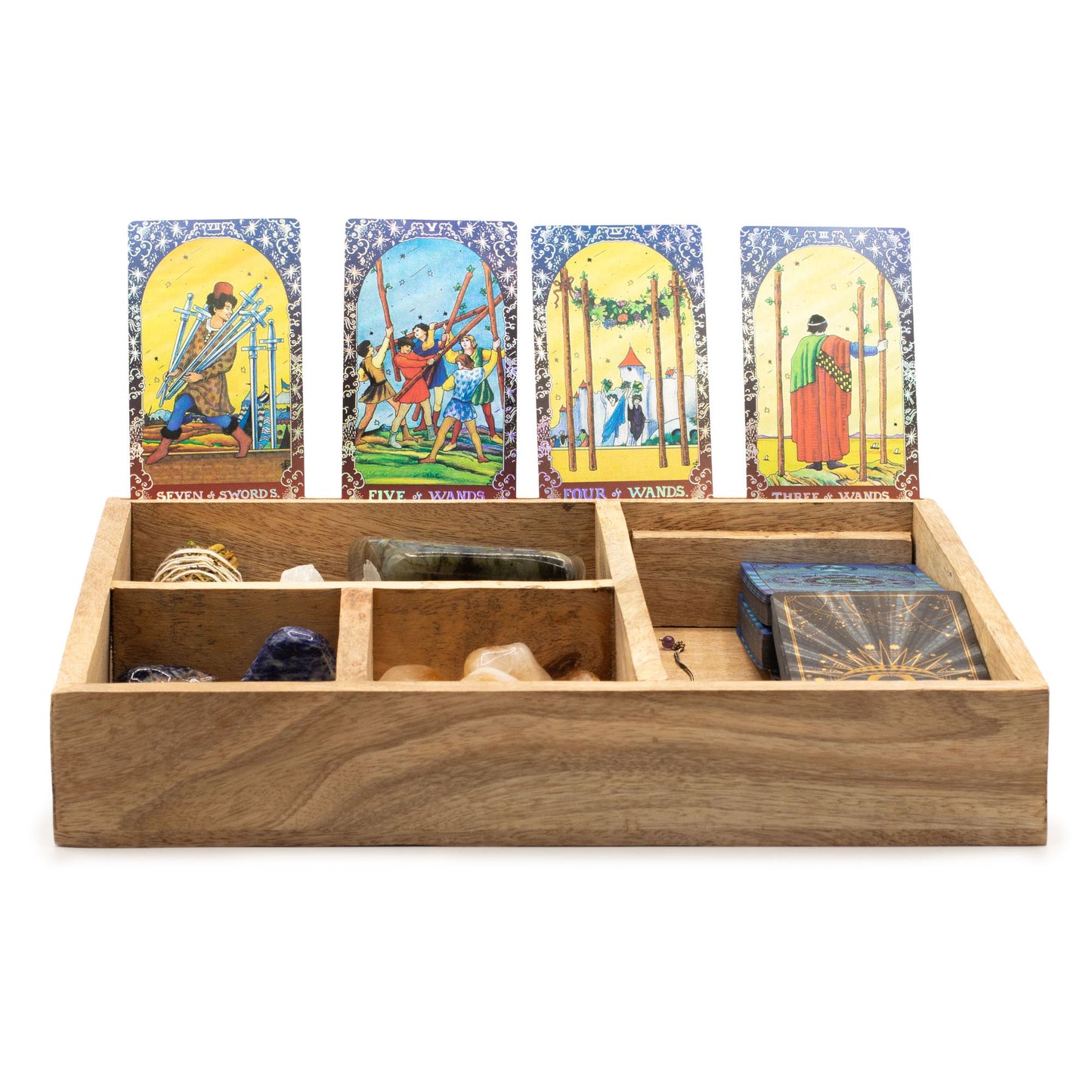 Caixa de Tarot Larga de Quatro Compartimentos com Suporte para Cartas