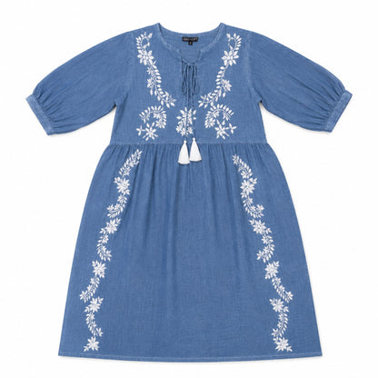 Vestido Nomad Sari Colección Med - Azul Pó com Bordado e Borlas (M-L)