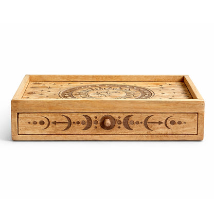 Caixa de Tarot Talhada Sol e Lua com Gaveta