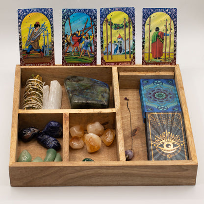 Caixa de Tarot Larga de Quatro Compartimentos com Suporte para Cartas