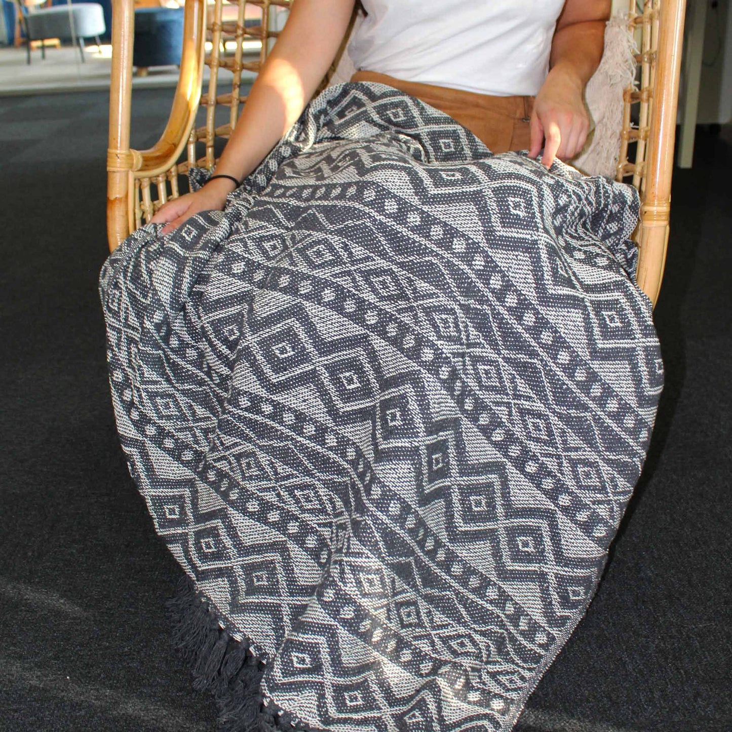 Manta Boho 100% Algodão — Cinzento Geométrico