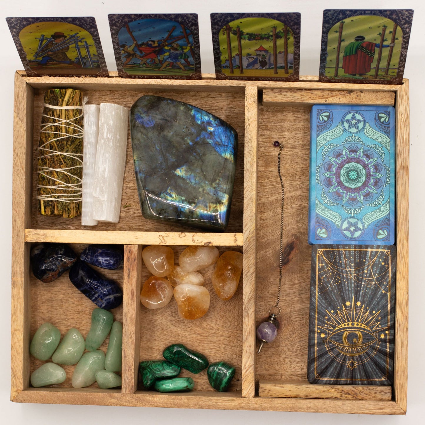 Caixa de Tarot Larga de Quatro Compartimentos com Suporte para Cartas
