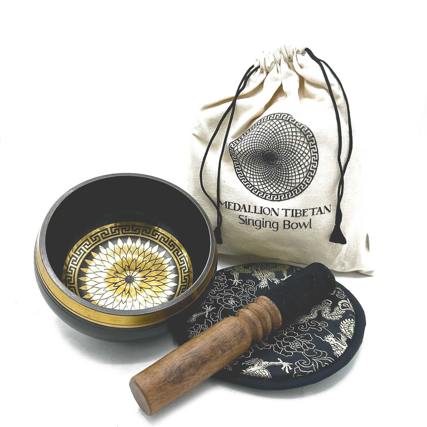 Set de Oferta Taça Tibetana Gravada à Mão - 14 cm - Medalhões Redondos