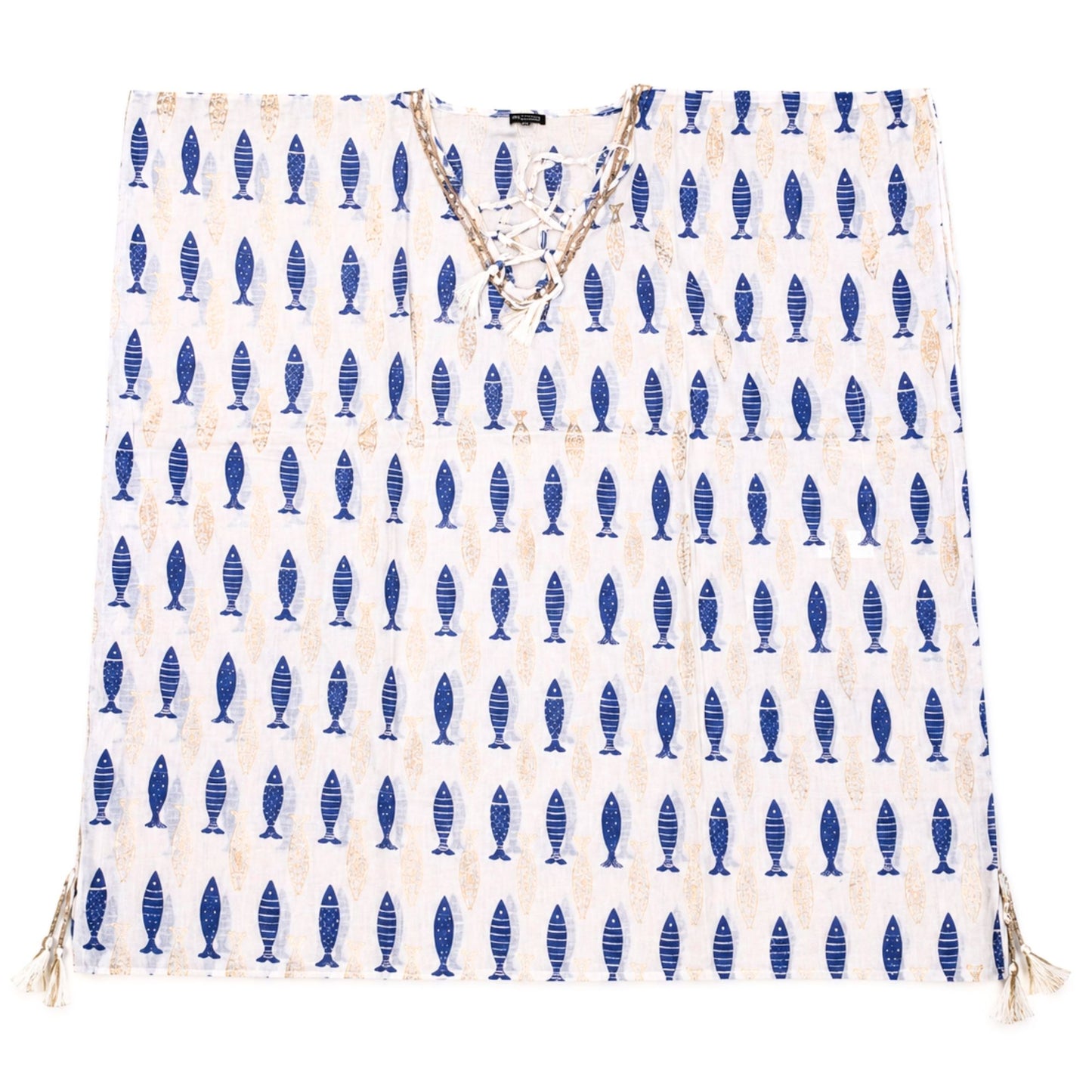 Kaftan Nomad Sari Colección Med - Estampado de Peixes Branco e Azul