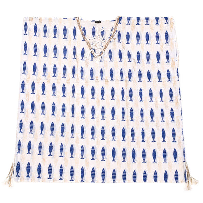 Kaftan Nomad Sari Colección Med - Estampado de Peixes Branco e Azul