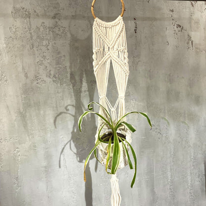 Suporte de Vaso em Macramé - Longo com Aro de Ratão