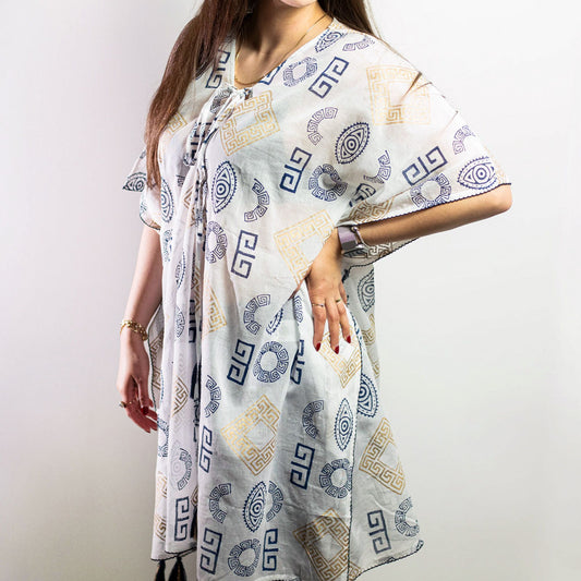 Kaftan Nomad Sari Mediterrâneo - Motivo Grego Dourado e Azul Pintado à Mão