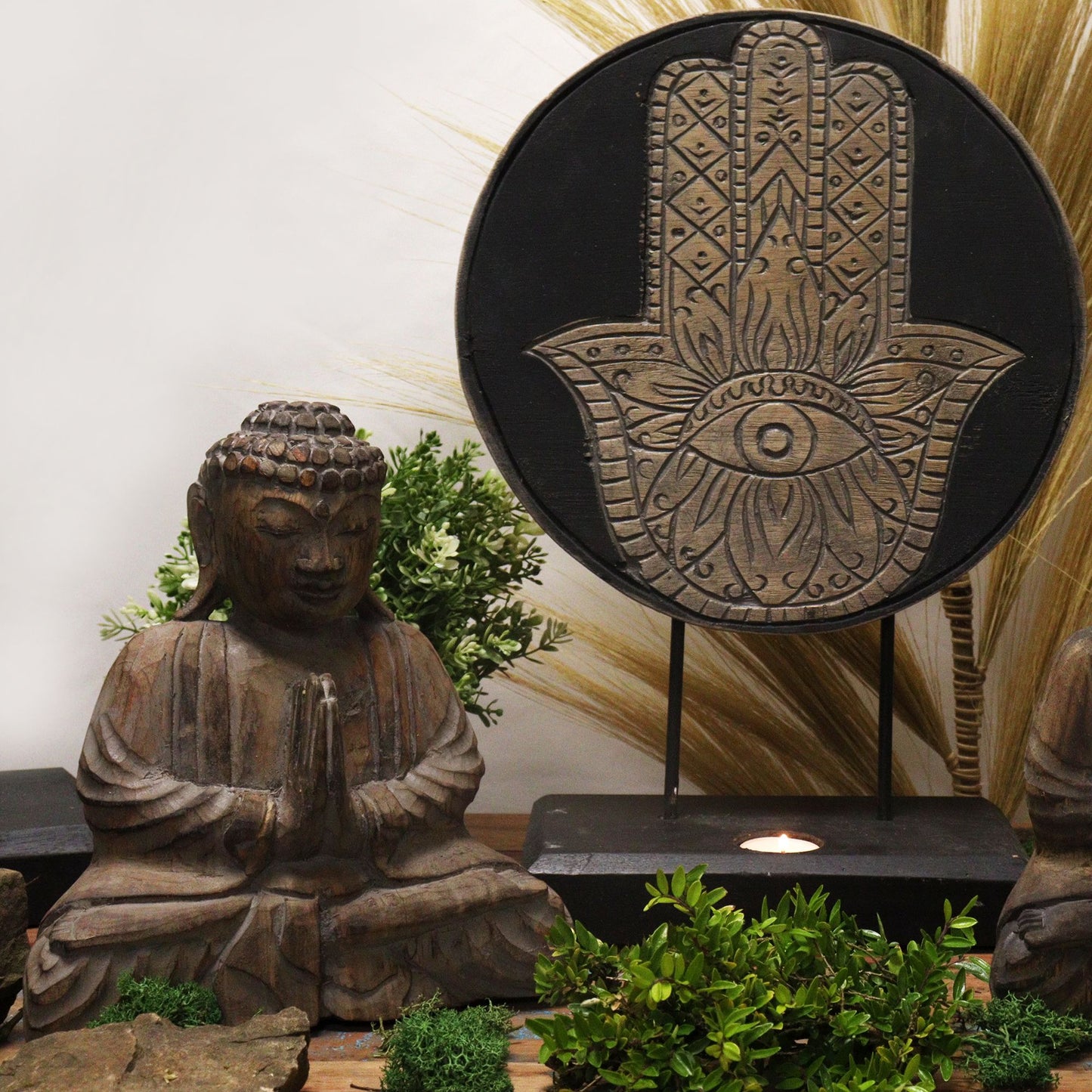 Conjunto Buda Feng Shui - Hamsa - Cinzento