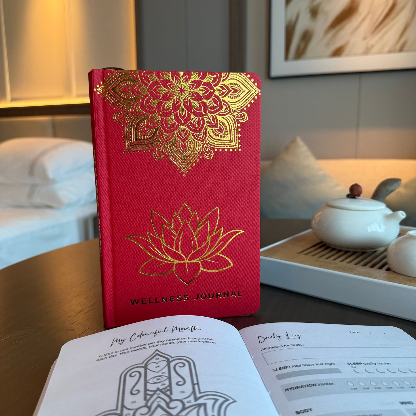Diário de Bem-Estar Vermelho - Mandala Dourado e Lótus