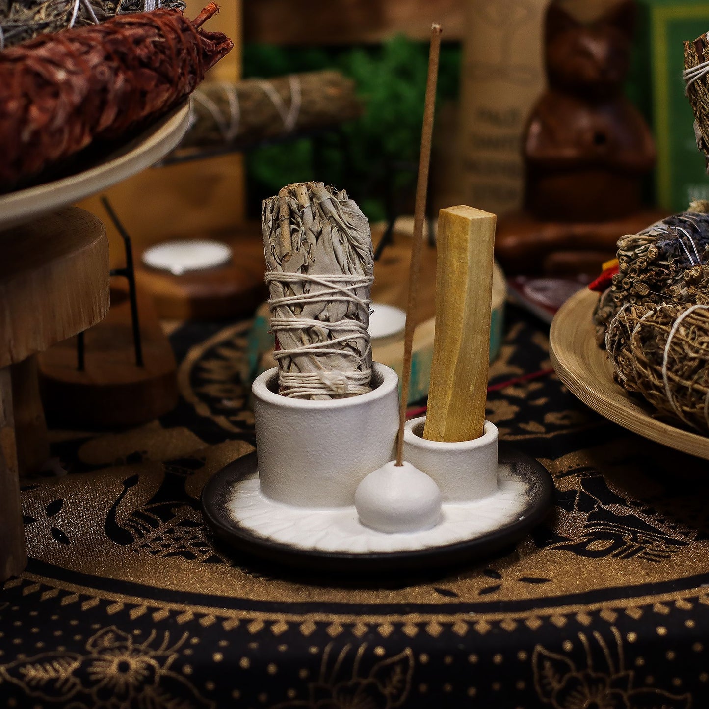 Suporte Cerâmico para Palo Santo e Incenso - Mandala - Branco