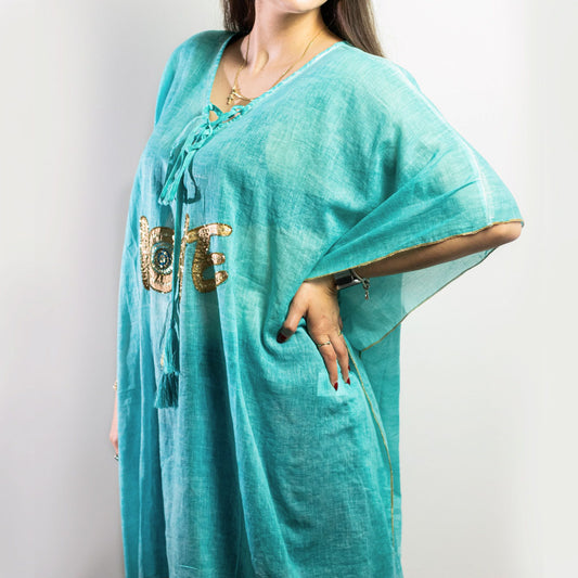 Kaftan Nomad Sari Mediterrâneo - Coração Turquesa e Dourado
