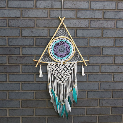 Guarda Sonhos Macramé - Grande Pirâmide Branco/Turquesa