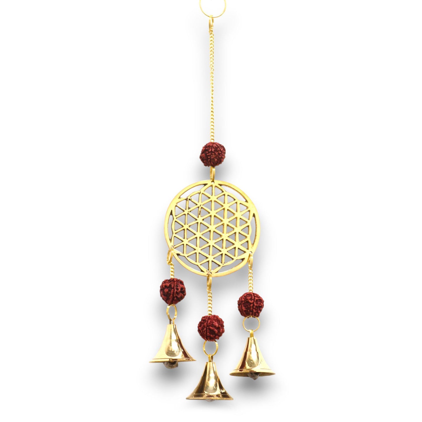 Sinos do Vento Flor da Vida em Latao com Contas de Rudraksha - 3 Sinos - 6x27cm