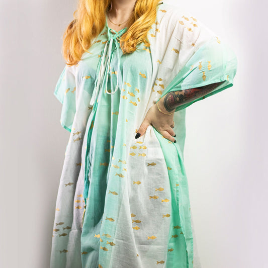 Kaftan Nomad Sari Mediterrâneo - Peixes Branco, Turquesa e Dourado