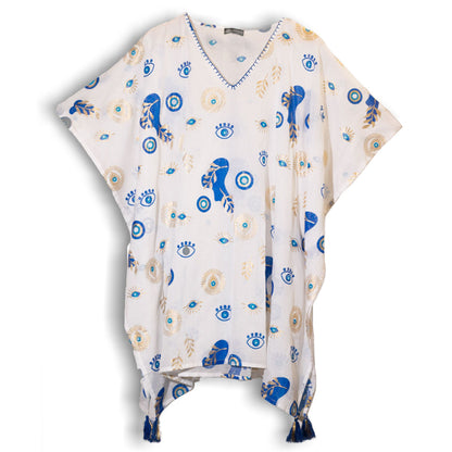 Kaftan Nomad Sari Mediterrâneo - Olho Turco Branco, Azul e Dourado