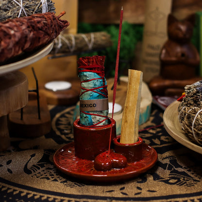 Suporte Cerâmico para Palo Santo e Incenso - Mandala - Vermelho com Brilho em Forma de Coração