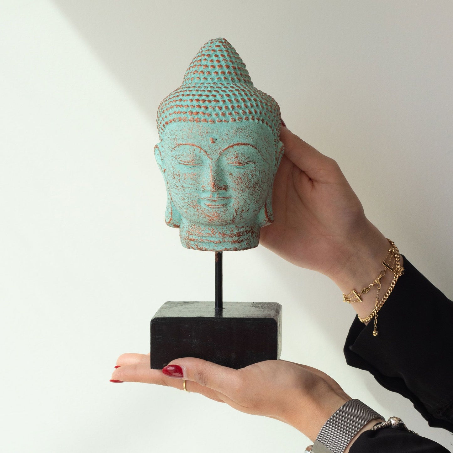 Cabeça de Buda em Repouso sobre Suporte - Efeito Cobre Verde