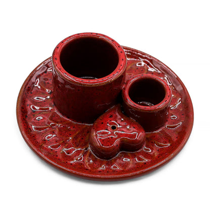 Suporte Cerâmico para Palo Santo e Incenso - Mandala - Vermelho com Brilho em Forma de Coração