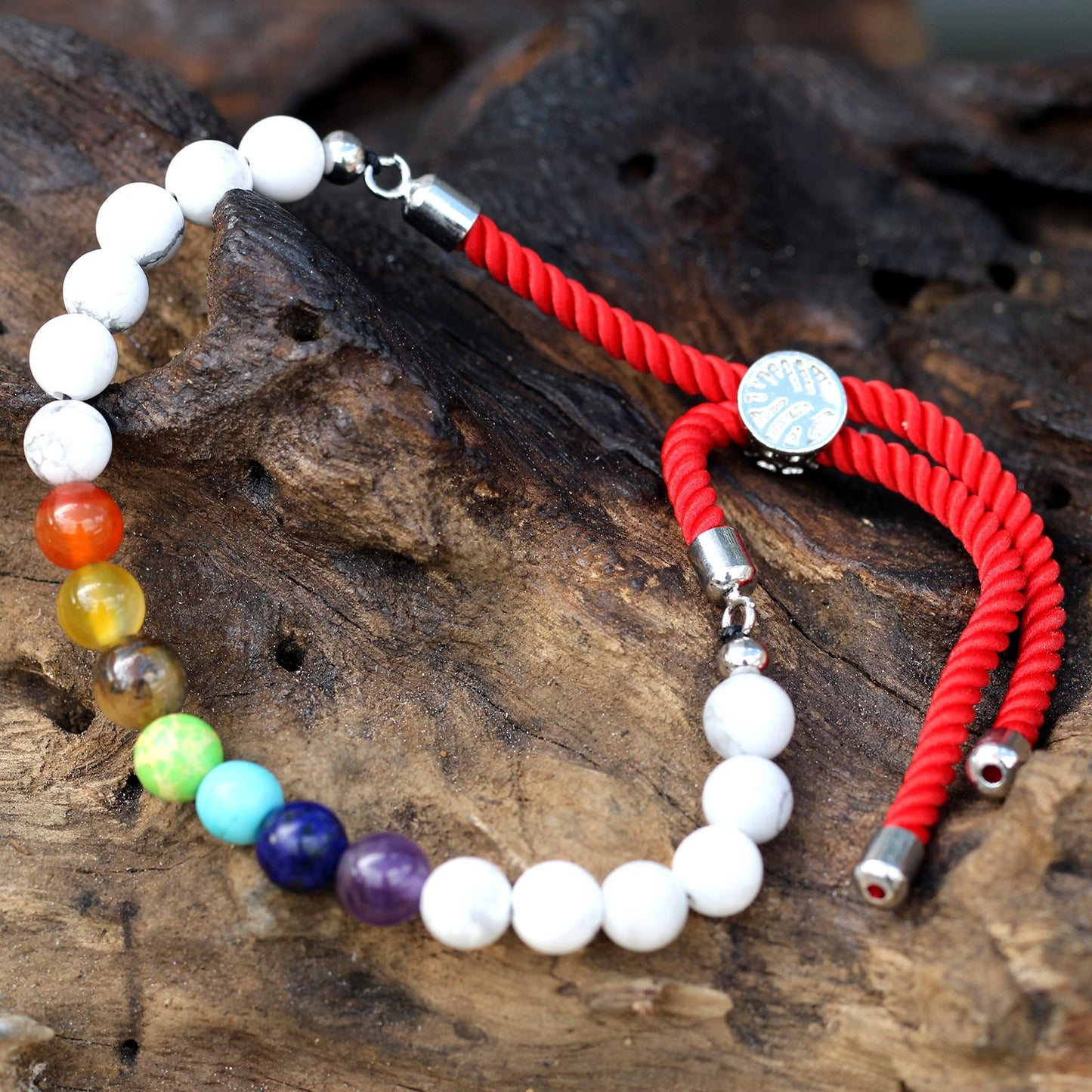 Pulseira de Howlita Branca e Chakras Ajustável