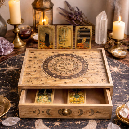 Caixa de Tarot Talhada Sol e Lua com Gaveta