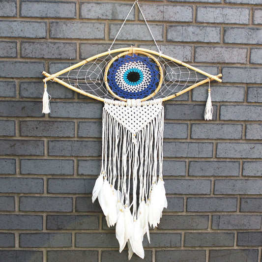 Guarda Sonhos Macramé - Grande Mau Olhado Azul/Branco/Preto