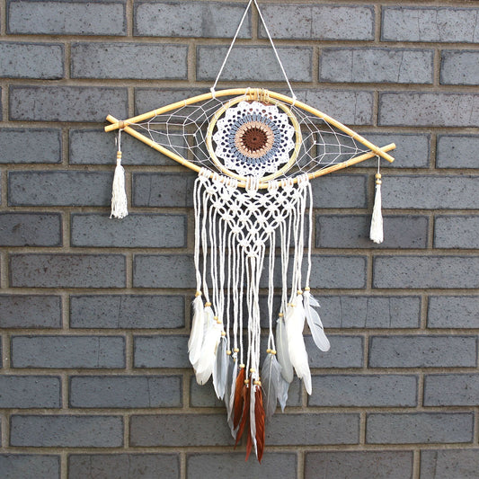 Guarda Sonhos Macramé - Médio Olho Branco/Cinza/Castanho