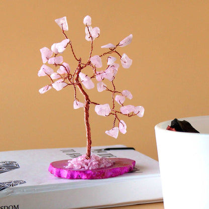 Árvore de Pedras Preciosas - Quartzo Rosa sobre base de Ágata Rosa (35 pedras)