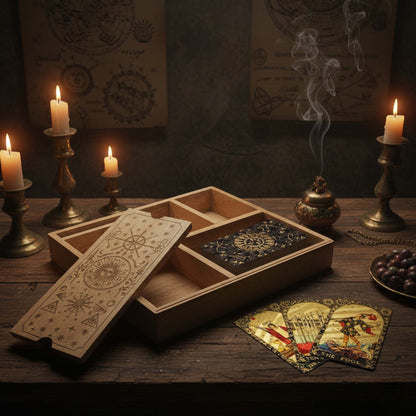 Caixa de Tarot Larga de Quatro Compartimentos com Suporte para Cartas