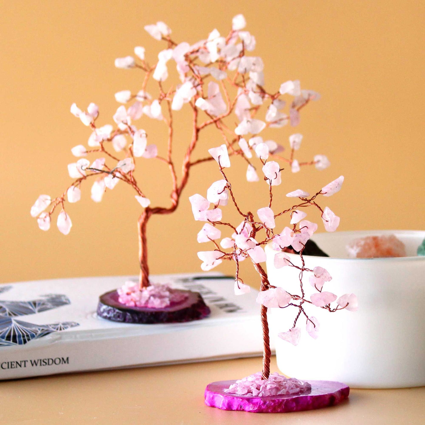 Árvore de Pedras Preciosas - Quartzo Rosa sobre base de Ágata Rosa (35 pedras)