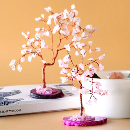 Árvore de Pedras Preciosas - Quartzo Rosa sobre base de Ágata Rosa (35 pedras)