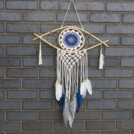 Guarda Sonhos Macramé - Médio Olho Branco/Azul/Cinza